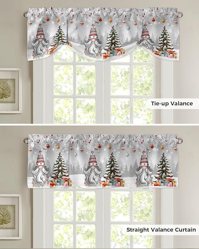 Christmas Gnome Blackout Tie Up Valance Curtains for Kitchen Windows Winter Merry Christmas Tree Balls Window Toppers Balloon Shades for Living Room/Bathroom/Bedroom,1 Panel, 42" X 12", Grey