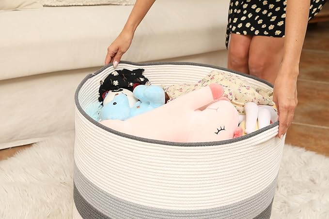 24" x 24" x 17" Max Size Large Cotton Rope Basket, Extra Large Storage Basket, Woven Laundry Hamper, Cloth Storage Bin, for Blankets Clothes Towels Pillows in Living Room, Double Graded Grey