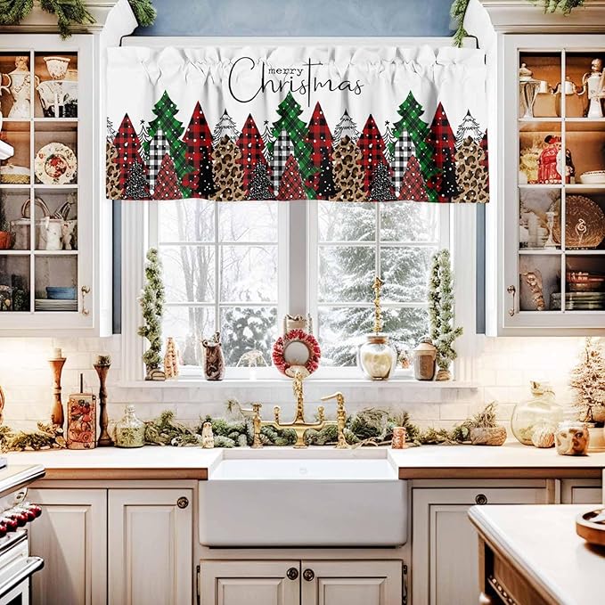 Merry Christmas Valance Curtains for Kitchen Windows Buffalo Plaid Xmas Tree Winter Forest Farmhouse Rod Pocket Window Treatment Toppers for Kitchen/Living Room/Bedroom/Bathroom, 42" X 18",Red Green