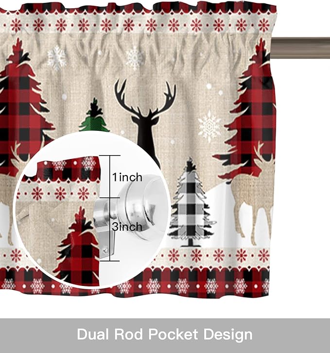 Farmhouse Christmas Kitchen Curtains Valances for Windows Rustic Plaid Christmas Tree Snowflakes Rod Pocket Short Curtain for Kitchen /Living Room/Bedroom/ Bathroom,42" X 12" -1 Panel, Red Green Black