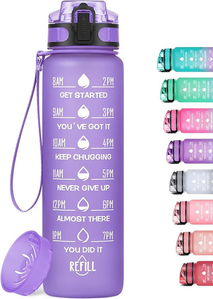 32oz Motivational Water Bottle with Time Marker & Fruit Strainer, Leak-proof BPA Free Non-Toxic Bottle with Carrying Strap, Perfect for Fitness, Gym and Outdoor Sports