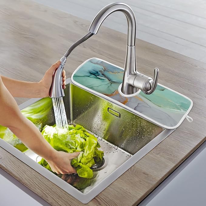 Marble Turquoise Green Faucet Water Catcher Mat 2 Pack Tie Dye Gray Purple Drying Mat Absorbent Bathroom Faucet Handle Drip Catcher Tray Bar RV Kitchen Sink Splash Guard 14x5 Inches