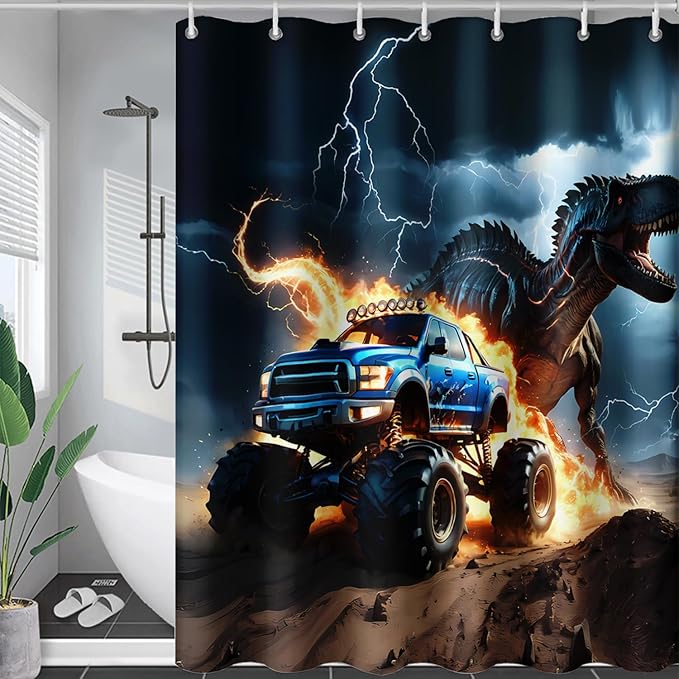 AILONEN Boys Dinosaur Shower Curtain, Monster Truck Bath Curtain,Lightning Roaring Dinosaur Kids Shower Curtain,Waterproof Curtain Bathroom 72" W*96" H Decor with 12 Plastic Hooks