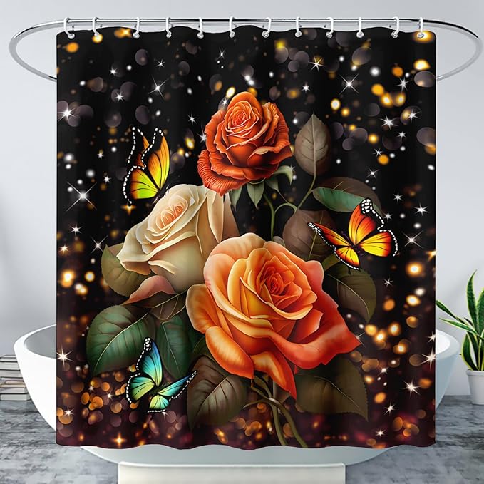 AILONEN Rose Flower Shower Curtain for Bathroom, Glitter Starry Flower Print Bath Curtain,Modern Botanical Floral Butterfly Waterproof Shower Curtain Decoration with 12 Plastic Hooks, 72" W*72" H