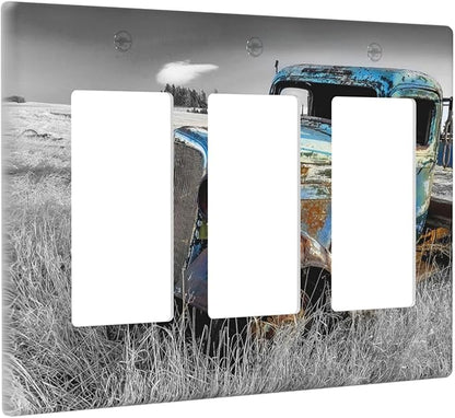 Vintage Country Old Blue Truck 3 Gang Rocker Light Switch Plate Rustic Automobile Triple Decora Outlet Wall Plate Cover Faceplate Decorative Switchcovers GFCI for Bathroom Bedroom Livingroom Decor
