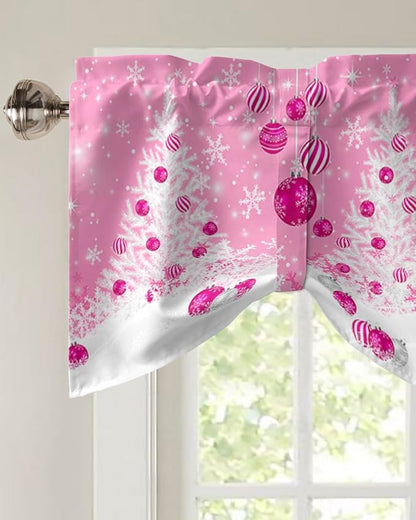 Pink Christmas Blackout Tie Up Valance Curtains for Kitchen Windows White Xmas Tree Snowflakes Pink Balls Window Toppers Balloon Shades for Living Room/Bathroom/Bedroom,1 Panel, 60" X 18", Winter