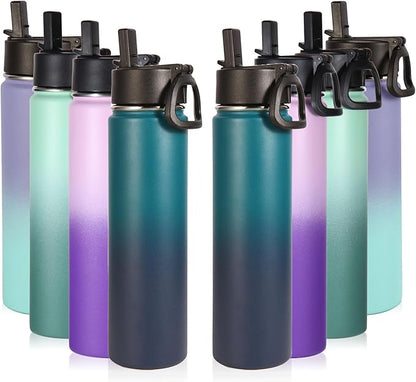 Volhoply 24oz Insulated Water Bottle With Straw Bulk 8 Pack,Metal Wide Mouth Water Bottles With Handle Keep Cold,Reusable Double Wall Thermos,Powder Coated Sport Bottle For Holder(Assorted,8 count)