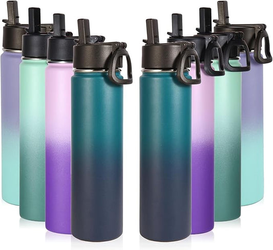 Volhoply 24oz Insulated Water Bottle With Straw Bulk 8 Pack,Metal Wide Mouth Water Bottles With Handle Keep Cold,Reusable Double Wall Thermos,Powder Coated Sport Bottle For Holder(Assorted,8 count)