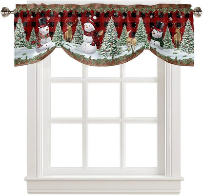 Christmas Snowman Blackout Tie Up Valance Curtains for Kitchen Windows Christmas Tree Window Toppers Balloon Shades for Living Room/Bathroom/Bedroom,1 Panel,60" X 18" Red Xmas Snowy Winter