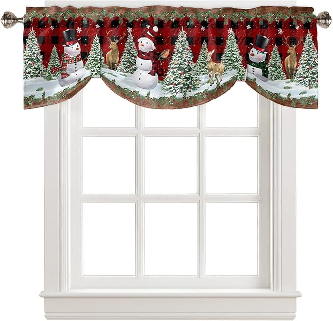 Christmas Snowman Blackout Tie Up Valance Curtains for Kitchen Windows Christmas Tree Window Toppers Balloon Shades for Living Room/Bathroom/Bedroom,1 Panel,42" X 18" Red Xmas Snowy Winter