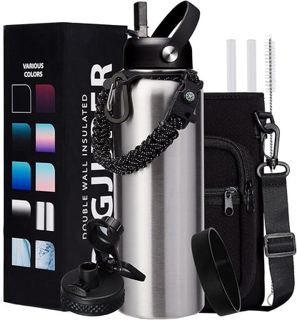 40oz Stainless Steel Water Bottle - Wide Mouth Vacuum Insulated Metal Water Bottle with Straw Lid & Paracord Handle, Sweat-Proof Water Flask Thermo Metal Mug with Strap for Gym Camping Hiking