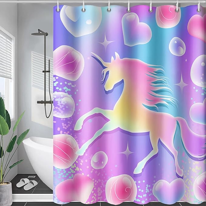 AILONEN Girls Unicorn Shower Curtain for Bathroom, Pink Hearts Rainbow Unicorn Bath Curtain,Cute Unicorn Kids Shower Curtain 72" W*78" H Polyester Waterproof Bathroom Curtain with 12 Hooks