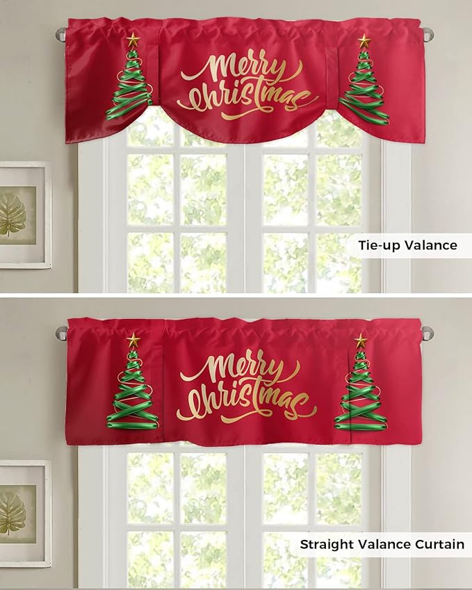 Merry Christmas Blackout Tie Up Valance Curtains for Kitchen Windows Christmas Tree Window Toppers Balloon Shades for Living Room/Bathroom/Bedroom,1 Panel,54" X 18" Winter Holidays