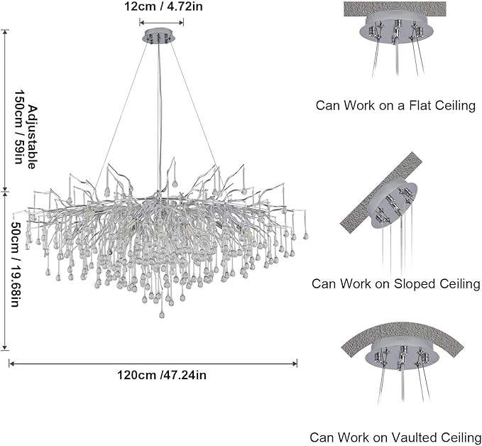 Modern Chandeliers,47.24in Rectangular Crystal Chandelier Chrome, 13-Light Farmhouse Raindrop Chandelier Pendant Light Fixture for Living Room, Kitchen Island 13-Light