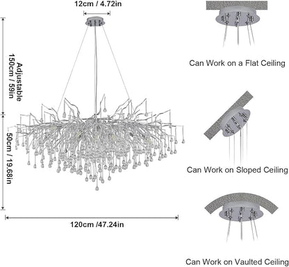 Modern Chandeliers,47.24in Rectangular Crystal Chandelier Chrome, 13-Light Farmhouse Raindrop Chandelier Pendant Light Fixture for Living Room, Kitchen Island 13-Light