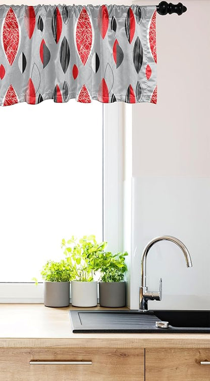 Ambesonne Mid Century Window Valance, Abstract Oval Leaf Forms with Different Designs and Color Combinations, Curtain Valance for Kitchen Bedroom Decor with Rod Pocket, 42" x 18", Red Black Pale Grey