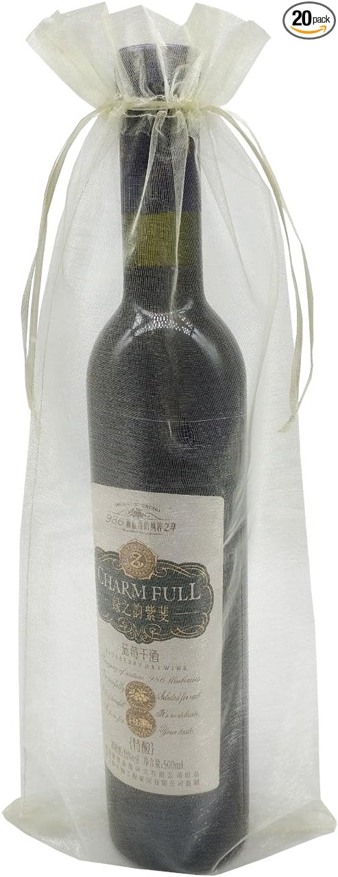 Ankirol 20pcs Sheer Organza Wine Bags 5.5x14.5 inch Baby Shower Wedding Favors Drawstring Pouches (Cream)