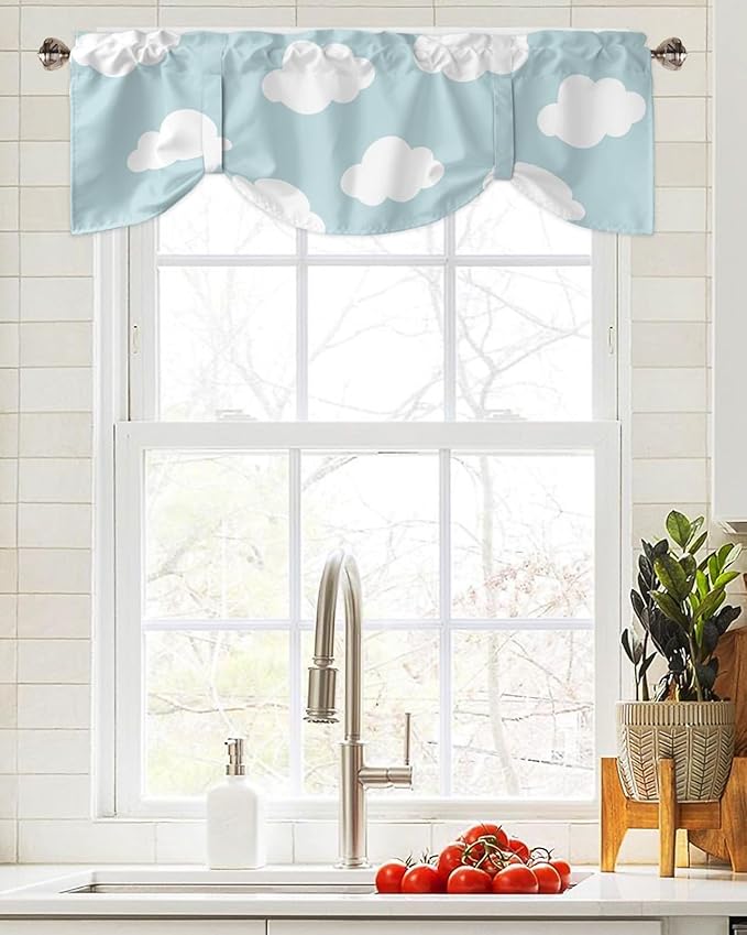 Kids Blackout Tie Up Valance Curtains for Kitchen Windows Blue White Cloud Cartoon Window Toppers Balloon Shades for Living Room/Bathroom/Bedroom,1 Panel,60" X 18"