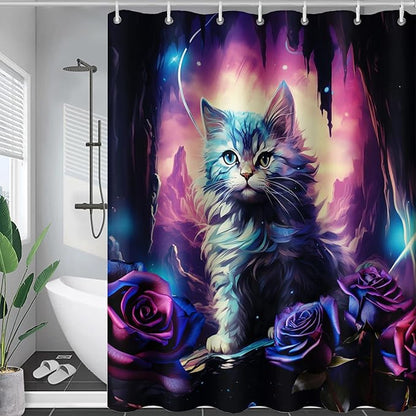 AILONEN Cool Cat Shower Curtains,Purple Rose Cat Bath Curtains for Bathroom Decor,Cave Cat Curtains for Kids,48" W*72" H Polyester Waterproof with 12 Plastic Hooks