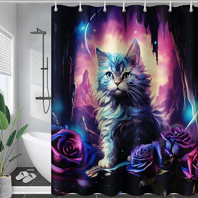 AILONEN Cool Cat Shower Curtains,Purple Rose Cat Bath Curtains for Bathroom Decor,Cave Cat Curtains for Kids,36" W*72" H Polyester Waterproof with Plastic Hooks