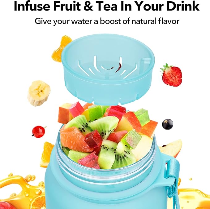 32oz Motivational Water Bottle with Time Marker & Fruit Strainer, Leak-proof BPA Free Non-Toxic 1l Bottle with Carrying Strap, Perfect for Fitness, Gym and Outdoor Sports (Ombre: Blue Waves)