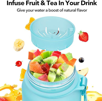 32oz Motivational Water Bottle with Time Marker & Fruit Strainer, Leak-proof BPA Free Non-Toxic 1l Bottle with Carrying Strap, Perfect for Fitness, Gym and Outdoor Sports (Ombre: Blue Waves)