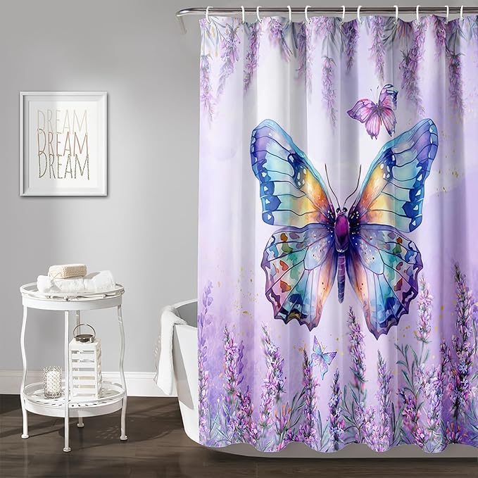 AILONEN Butterfly Shower Curtain for Bathroom, Purple Lavender Bath Curtain Decor,Flower Butterfly Waterproof Shower Curtain with 12 Plastic Hooks (Kids/Girls/Women/Teens) 72" W*96" H