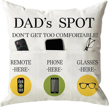 Father's Day Throw Pillow Case, Dad's Spot Throw Pillow Covers 18 x 18 Inch，Dad Gifts from Daughter Son，Birthday Christmas Thanksgiving Day Gifts for Papa Stepdad ，3-Pocket