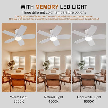 30 inch Ceiling Fans with Lights and Remote,Flush Mount White Ceiling Fan,Memory Fuction Reversible Quiet DC Motor Low Profile Ceiling Fans For Living Room Bedroom Outdoor(White&Natural Wood)