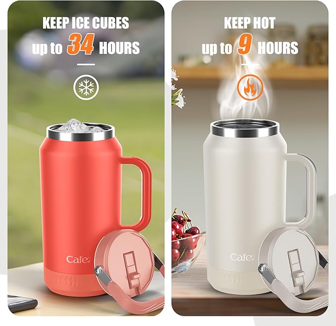 64oz Half Gallon Insulated Water Jug with Flip Straw & Silicone-Grip Handle - Leak-Proof, Sweat-Free, BPA-Free, Iced for 34 Hours, Wide Mouth, Dishwasher Safe, Anti-Slip Base