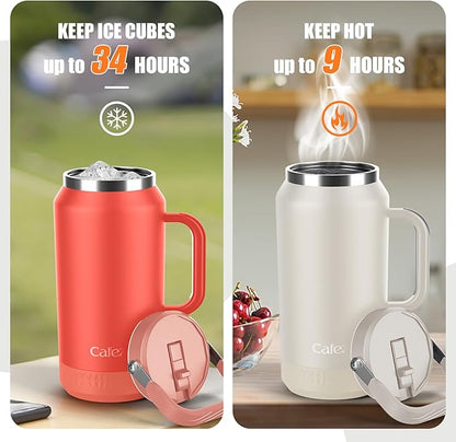 64oz Stainless Steel Water Bottle with Flip Straw - Leak-Proof, Sweat-Free, Top and Side Handle, Anti-Slip Base, Iced for 34 Hours, Dishwasher Safe - Water Jug for Sports Events, Beach Days