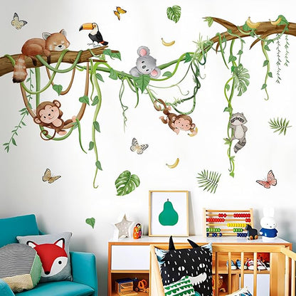 Removable Jungle Animals Wall Decals Peel and Stick Safari Monkey Climbing Tree Wall Stickers Vinyl Sloth Butterfly Vine Mural Art Decor for Kids Nursery Bedroom Living Room Sofa TV Wall