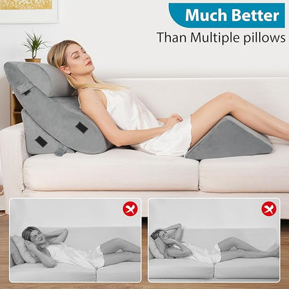 4pcs Wedge Pillow Headboard Set. Comfortable Sleep and Rest Relieves Back and Leg Pain, Aids in Acid and Gastro-Oesophageal Reflux Relief, Reduces Snoring - Grey