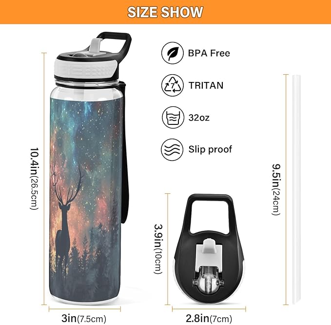 senya Magic Forest Deer Sport Water Bottle with Straw Tritan Clear Bottle for Outdoor Gym Travel