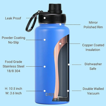 DRINCO Stainless Steel Water Bottle Spout Lid Vacuum Insulated Double Wall Water Bottle Wide Mouth Leak Proof Keep Cold Sport Camping (USA Flag) (32oz Royal Blue USA Flag, 32oz)