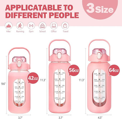 kytffu 56oz Glass Water Bottles with Straw, Motivational Glass Bottle with Silicone Sleeve and Time Marker, Leakproof Large Glass Water Jug for Gym Home Office,Pink