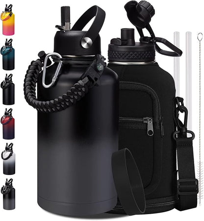 64OZ Insulated Sports Water Bottle - Large Half Gallon Stainless Steel Flask Water Bottles 64 oz, Leak Proof, Double Walled, BPA Free, Sweat-Proof Water Jug with Straw, Keep Cold-48H & Hot-24H