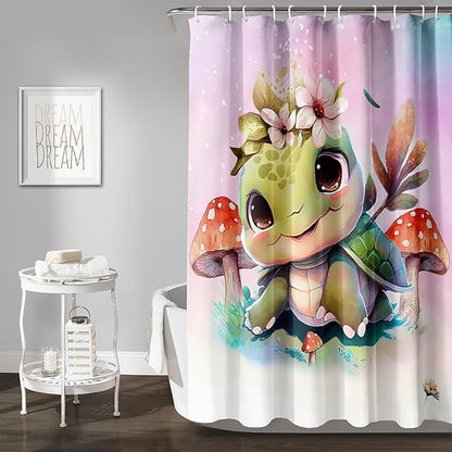 AILONEN Kawaii Sea Turtle Shower Curtain,Tie Die Ocean Animal Themed Bath Curtain Cloth Fabric Bathroom 72" W*72" H Inch,12 Pack Hooks for Kids,Sea Animal with Mushroom Bathroom Curtain
