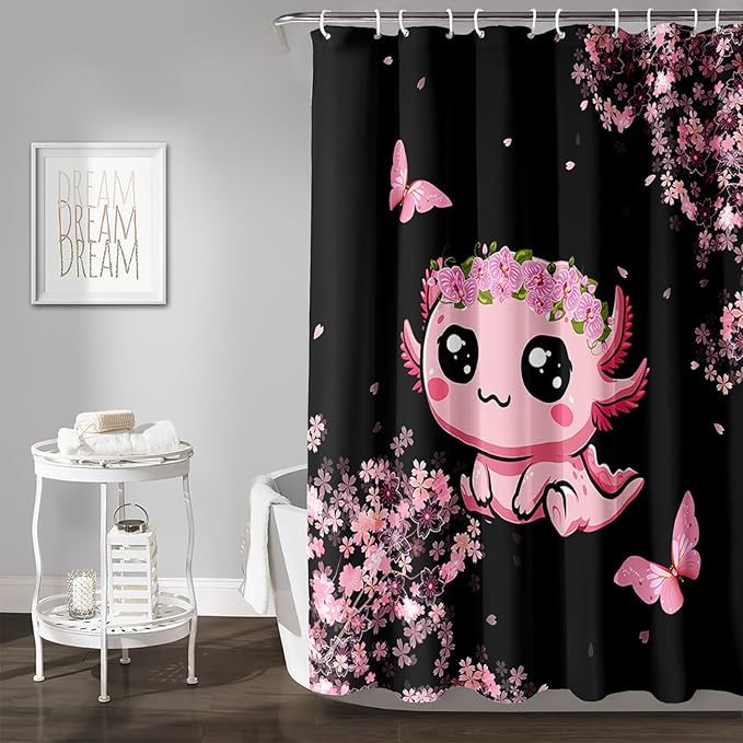 AILONEN Cute Cartoon Axolotl Kawaii Shower Curtain,Pink Cherry Blossom Floral Bath Curtain,Animal Axolotl Butterfly Waterproof Black Curtain for Bathroom, 72" W x 72" H