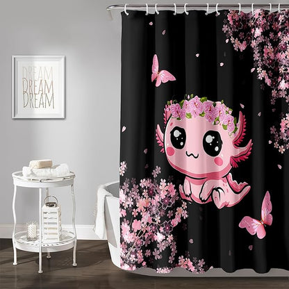 AILONEN Cute Cartoon Axolotl Kawaii Shower Curtain,Pink Cherry Blossom Floral Bath Curtain,Animal Axolotl Butterfly Waterproof Black Curtain for Bathroom, 72" W x 72" H