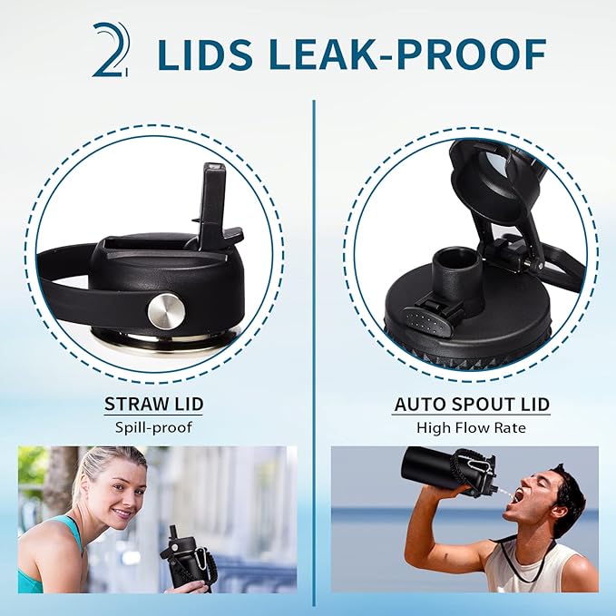 32oz Insulated Water Bottles - with Straw Spout Lid, Bottle Holder Strap Sleeve, Survival Paracord Handle, Protective Cup Mat, Sweat-Proof Water Bottle, Metal Thermo Flask for Sports Workout