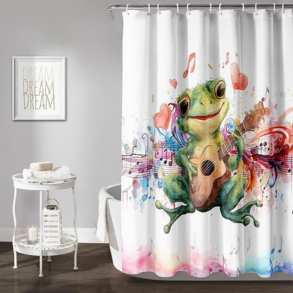 AILONEN Cartoon Frog Shower Curtain,Green Guitar Frog Bathroom Curtain for Kids Boys Girls,Kawaii Forg Animal Shower Curtains for Bathroom,Tie-Dye Theme Bathroom Curtain,60" W*72" H