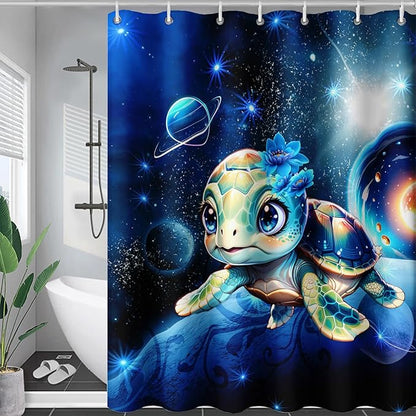AILONEN 3D Sea Turtle Shower Curtain for Bathroom, Cute Turtle Blue Space Galaxy Bath Curtain,Kids Kawaii Ocean Turtle Decorative Watercolor Curtain with 12 Plastic Hooks for Boys Girls 36" W*72" H