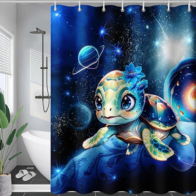 AILONEN 3D Sea Turtle Shower Curtain for Bathroom, Cute Turtle Blue Space Galaxy Bath Curtain,Kids Kawaii Ocean Turtle Decorative Watercolor Curtain with 12 Plastic Hooks for Boys Girls 72" W*78" H
