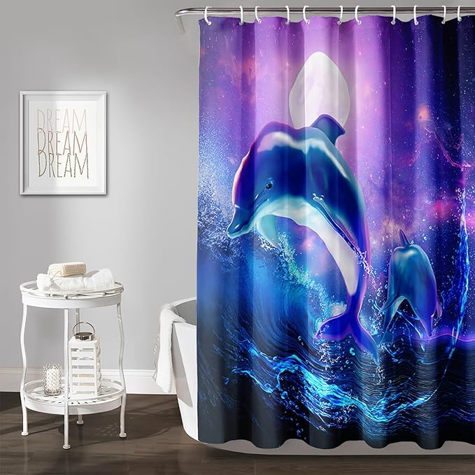 AILONEN Catrtoon Dolphin Shower Curtain Bathroom 72" W*96" H Blue Starry Sky Sea Water Cloth Fabric Bathroom for Kids Girls,Jumping Dolphin with Moon Shower Curtain Set
