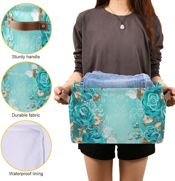 Wamika Turquoise Blue Green Rose Storage Basket Fabric Laundry Baskets Spring Flowers Leaves Storage Boxes Organizer Bag for Baby Cloth Dog Toy Book Storage Cubes Shelf Closet Bins 16x12x8 Inches
