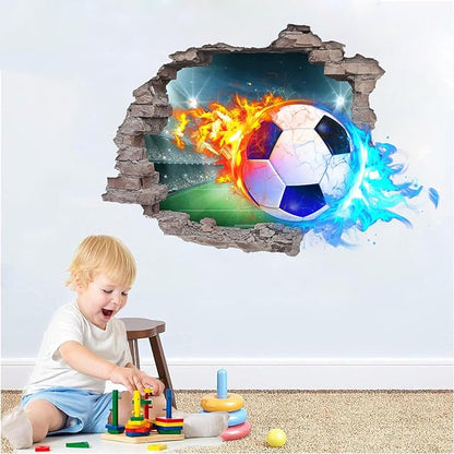 3D Soccer Wall Stickers Removable Soccer Wall Decals for Boys Break Through The Wall Vinyl Football Soccer Wall Stickers Murals Vinyls Decals for Teenager Room Playroom Decor (T0206)