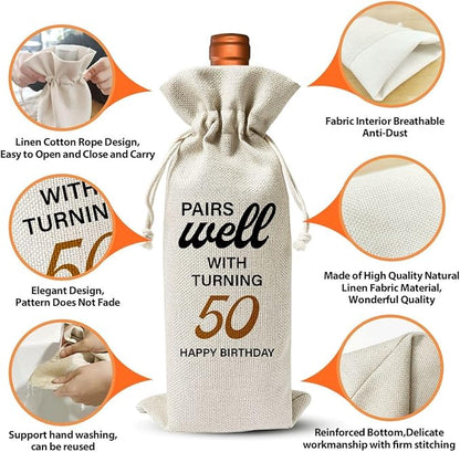 50th Birthday Wine Gift Bag For Best Friend Mom Dad Women Men, 1974 Birthday Idea Gift, 50th Anniversary Wine Bag, 50th Birthday Party Decor, Drawstring Burlap Wine Bottle Bag