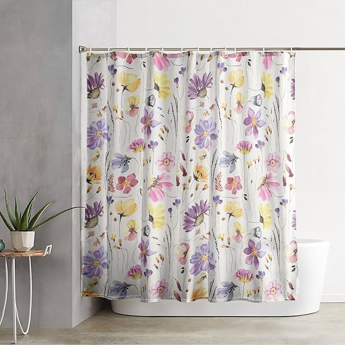 AILONEN Solemn Flowers Shower Curtain,Daisy Theme Bathroom Shower Curtain for Girls Kids Teens, 72" W*78" H Watercolor Patchwork Flowers Bathroom Decor for Bathroom