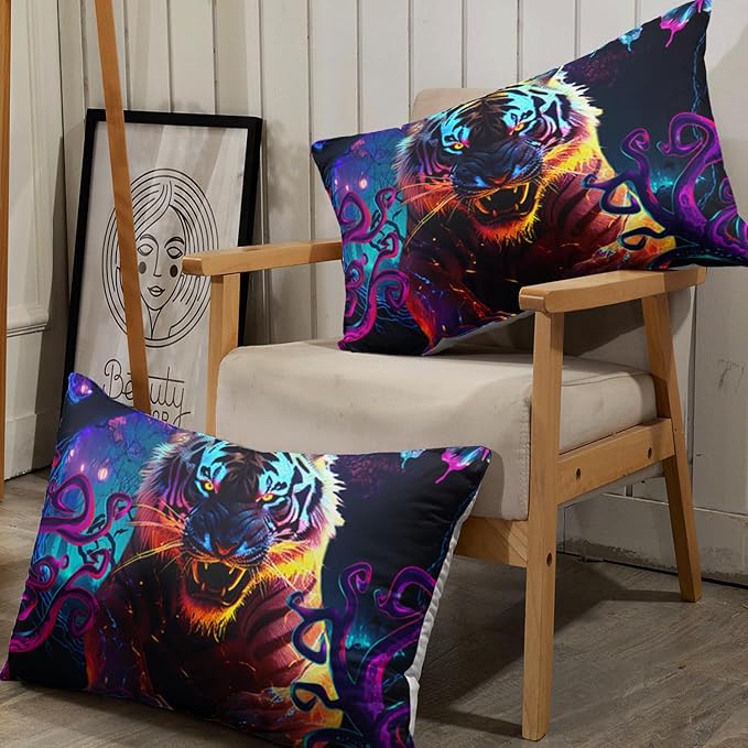 AILONEN Tiger Fitted Sheet Set Queen Size, Purple Magic Forest Fierce Tiger Bed Sheet Set for Boys Girls,Howling Tiger Soft Breathable Fitted Sheet and 2 Pillowcases,3 Pieces